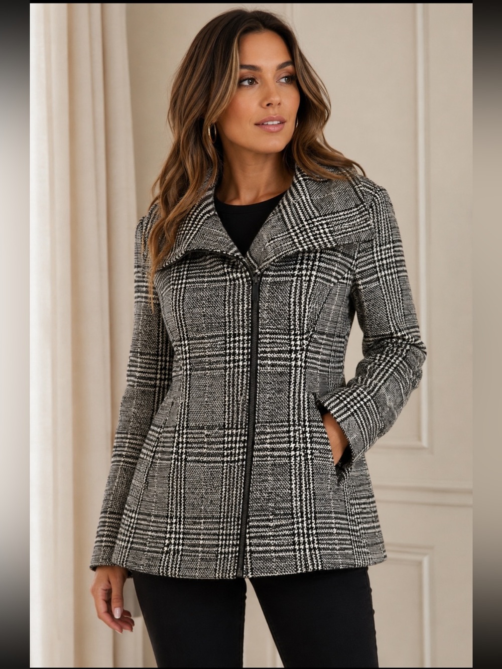 French Connection Black White Plaid Zip Front Wool Blend Classic Winter Coat